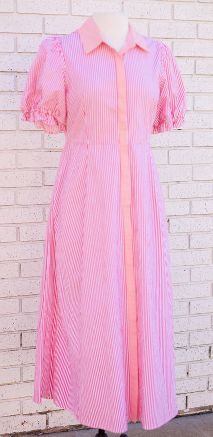 PINK STRIPE PRINT PUFF SLEEVE MIDI DRESS