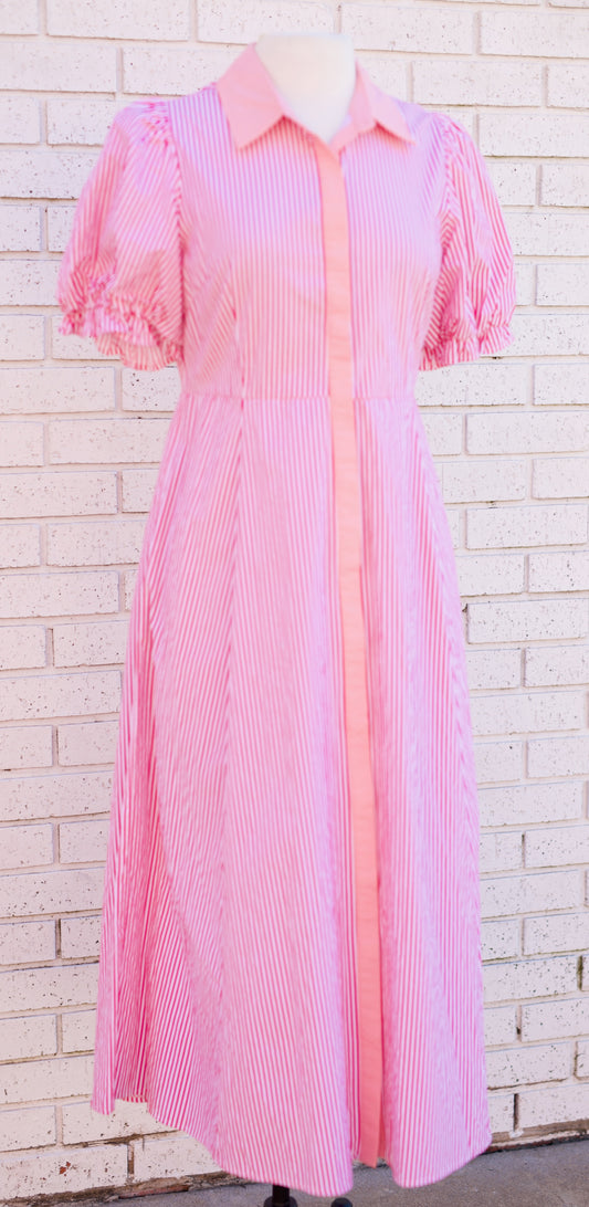 PINK STRIPE PRINT PUFF SLEEVE MIDI DRESS