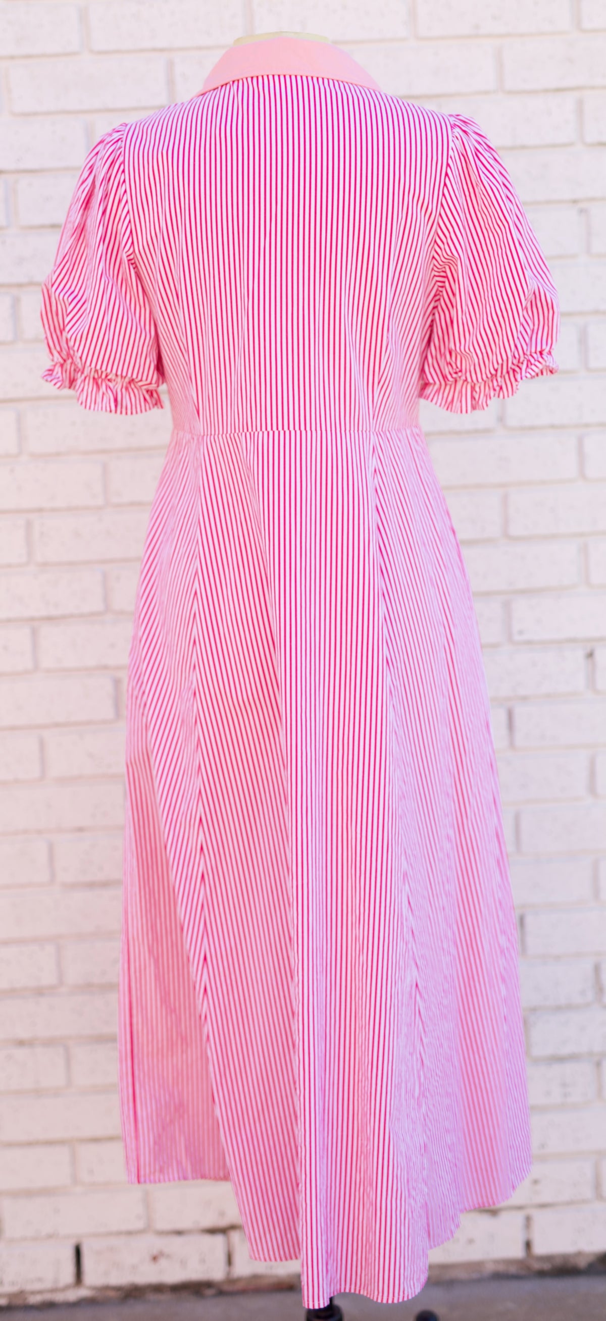 PINK STRIPE PRINT PUFF SLEEVE MIDI DRESS
