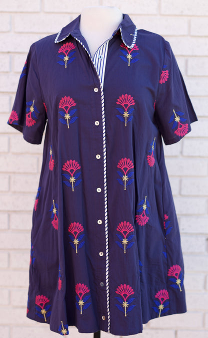 NAVY EMBROIDERED SHORT SLEEVE MINI DRESS