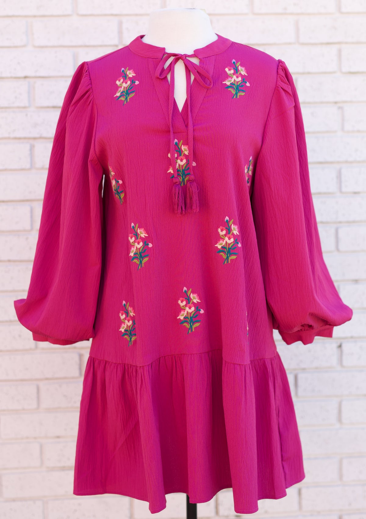 MAGENTA LONG PUFF SLEEVE FLORAL EMBROIDERED DRESS