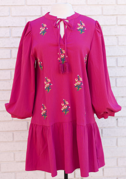 MAGENTA LONG PUFF SLEEVE FLORAL EMBROIDERED DRESS