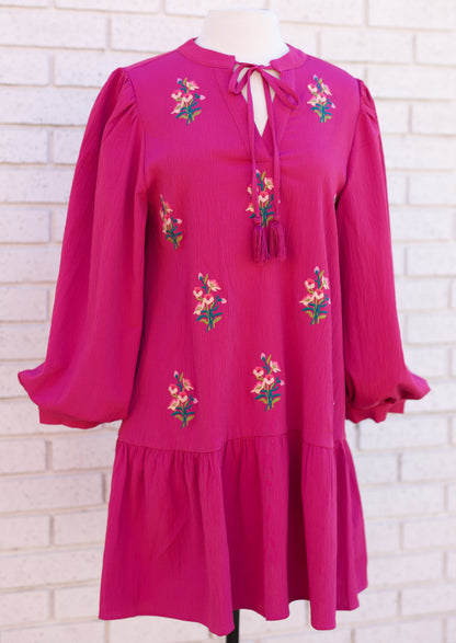 MAGENTA LONG PUFF SLEEVE FLORAL EMBROIDERED DRESS