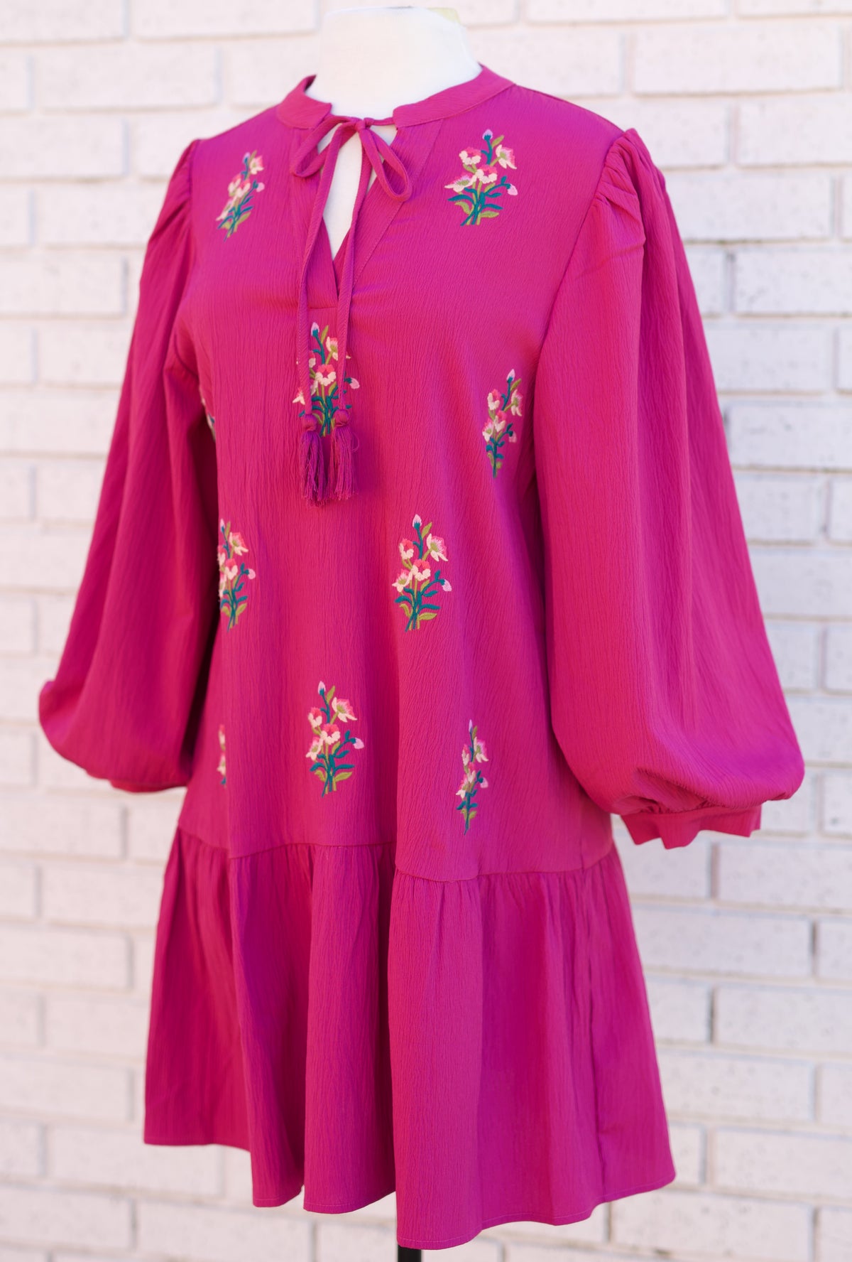 MAGENTA LONG PUFF SLEEVE FLORAL EMBROIDERED DRESS