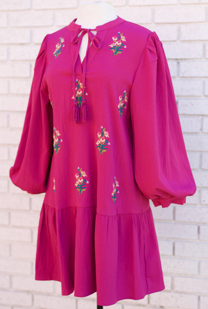 MAGENTA LONG PUFF SLEEVE FLORAL EMBROIDERED DRESS