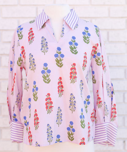 LAVENDER 3/4 SLEEVE FLORAL BLOUSE W/STRIPE CONTRAST DETAIL