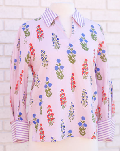 LAVENDER 3/4 SLEEVE FLORAL BLOUSE W/STRIPE CONTRAST DETAIL