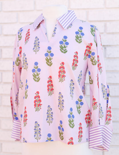 LAVENDER 3/4 SLEEVE FLORAL BLOUSE W/STRIPE CONTRAST DETAIL