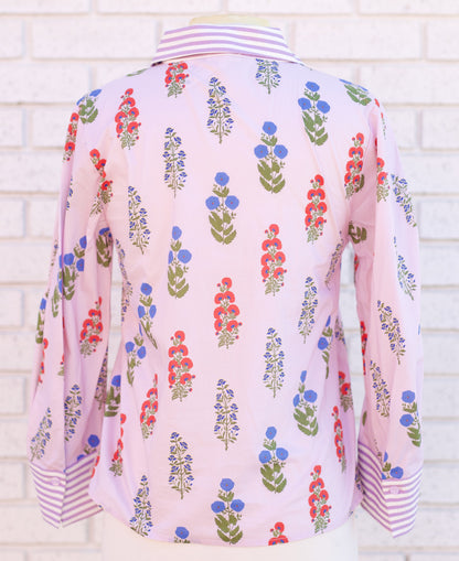 LAVENDER 3/4 SLEEVE FLORAL BLOUSE W/STRIPE CONTRAST DETAIL