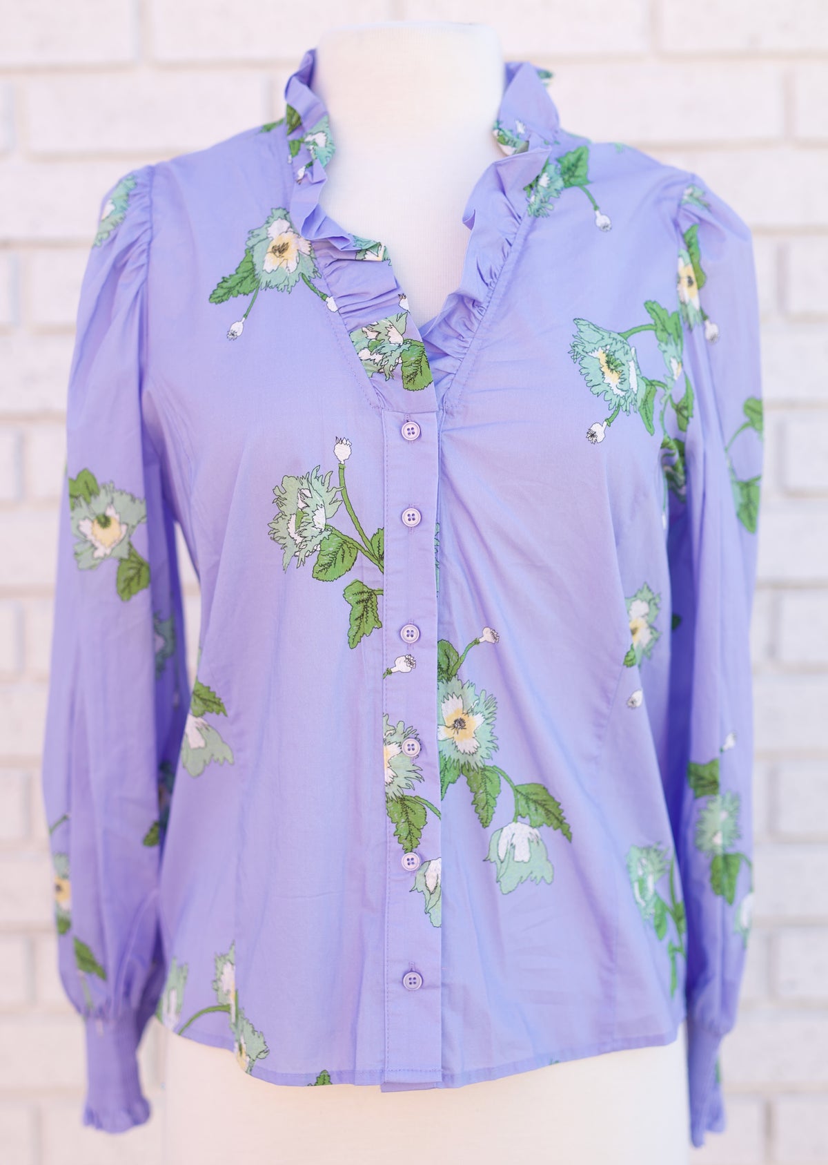 BLUE FLORAL LONG SLEEVE SMOCKED WRIST BLOUSE