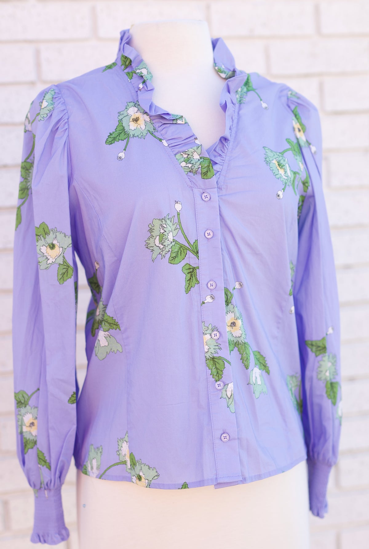 BLUE FLORAL LONG SLEEVE SMOCKED WRIST BLOUSE