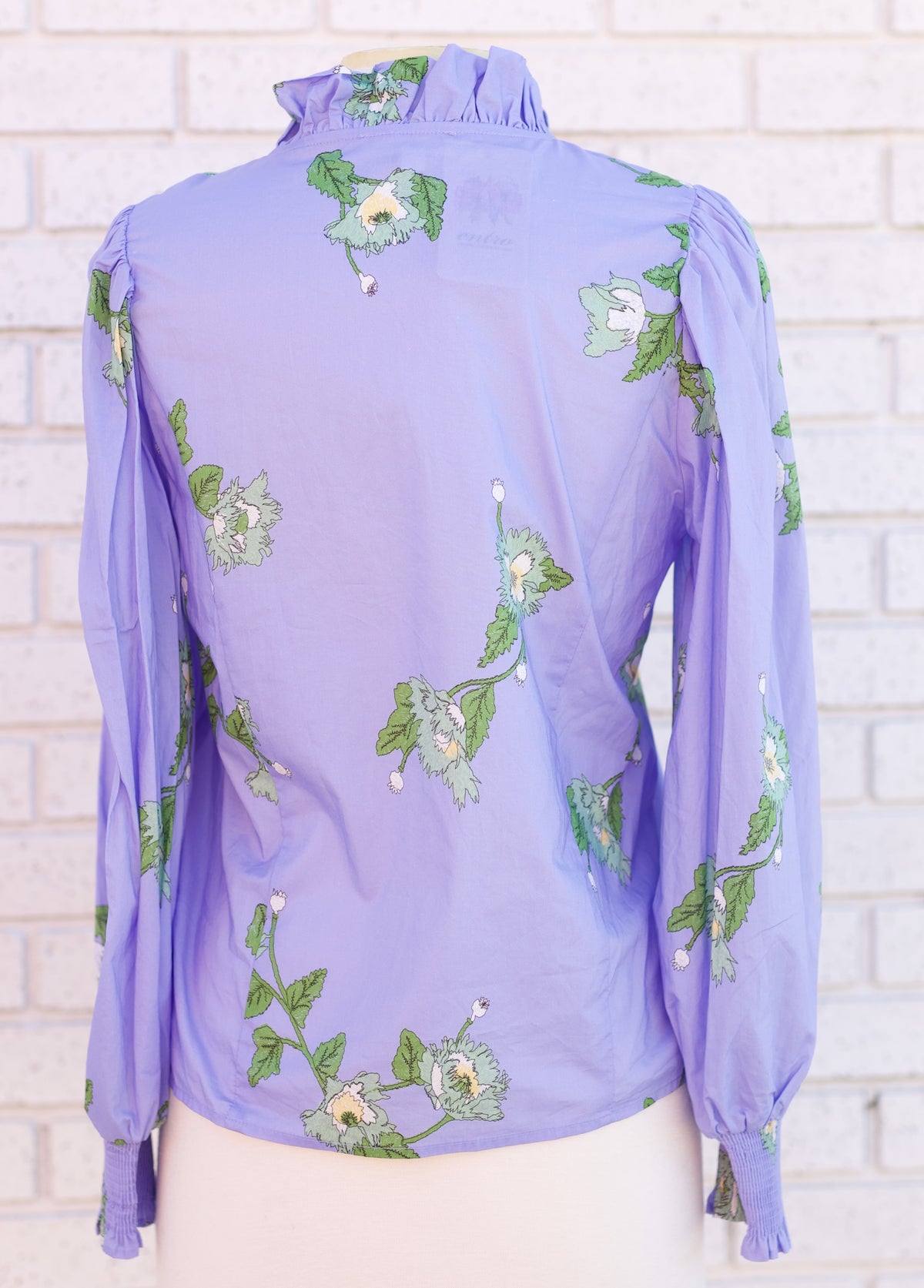 BLUE FLORAL LONG SLEEVE SMOCKED WRIST BLOUSE