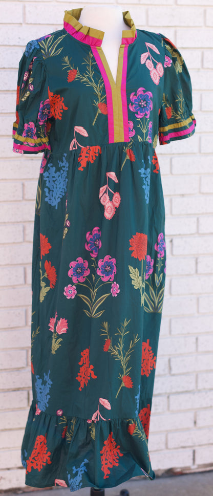 HUNTER GREEN FLORAL MIDI DRES WITH CONTRAST TRIM