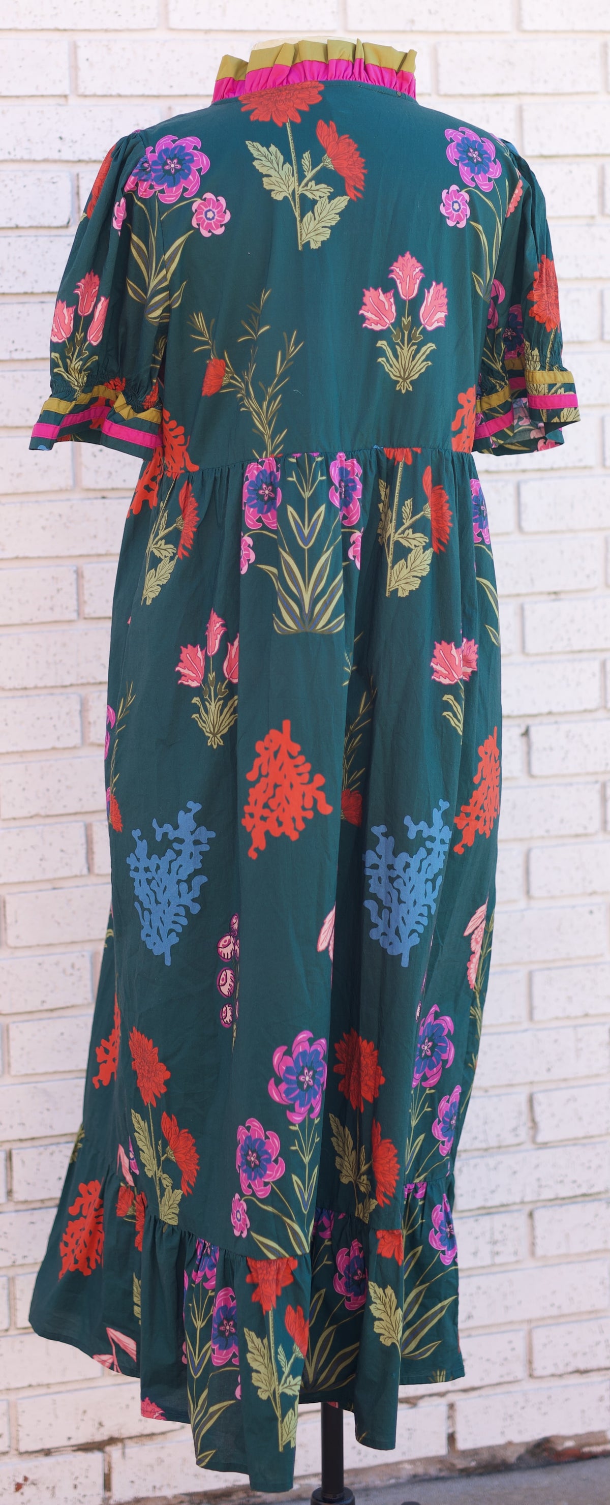 HUNTER GREEN FLORAL MIDI DRES WITH CONTRAST TRIM
