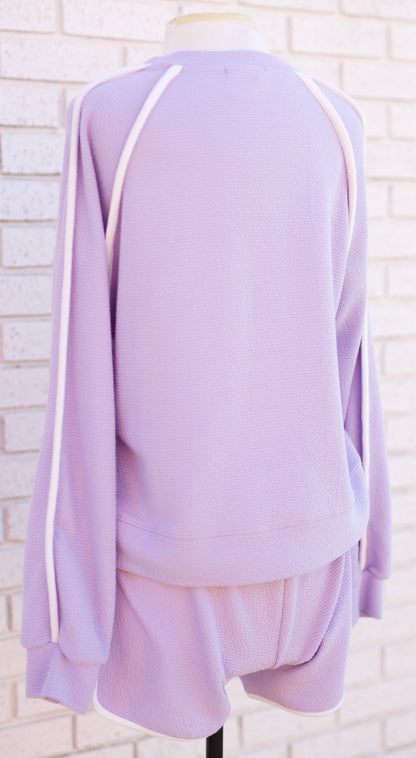 LAVENDER WITH WHITE CONTRAST BLOUSE & SHORTS 2 PC. SET