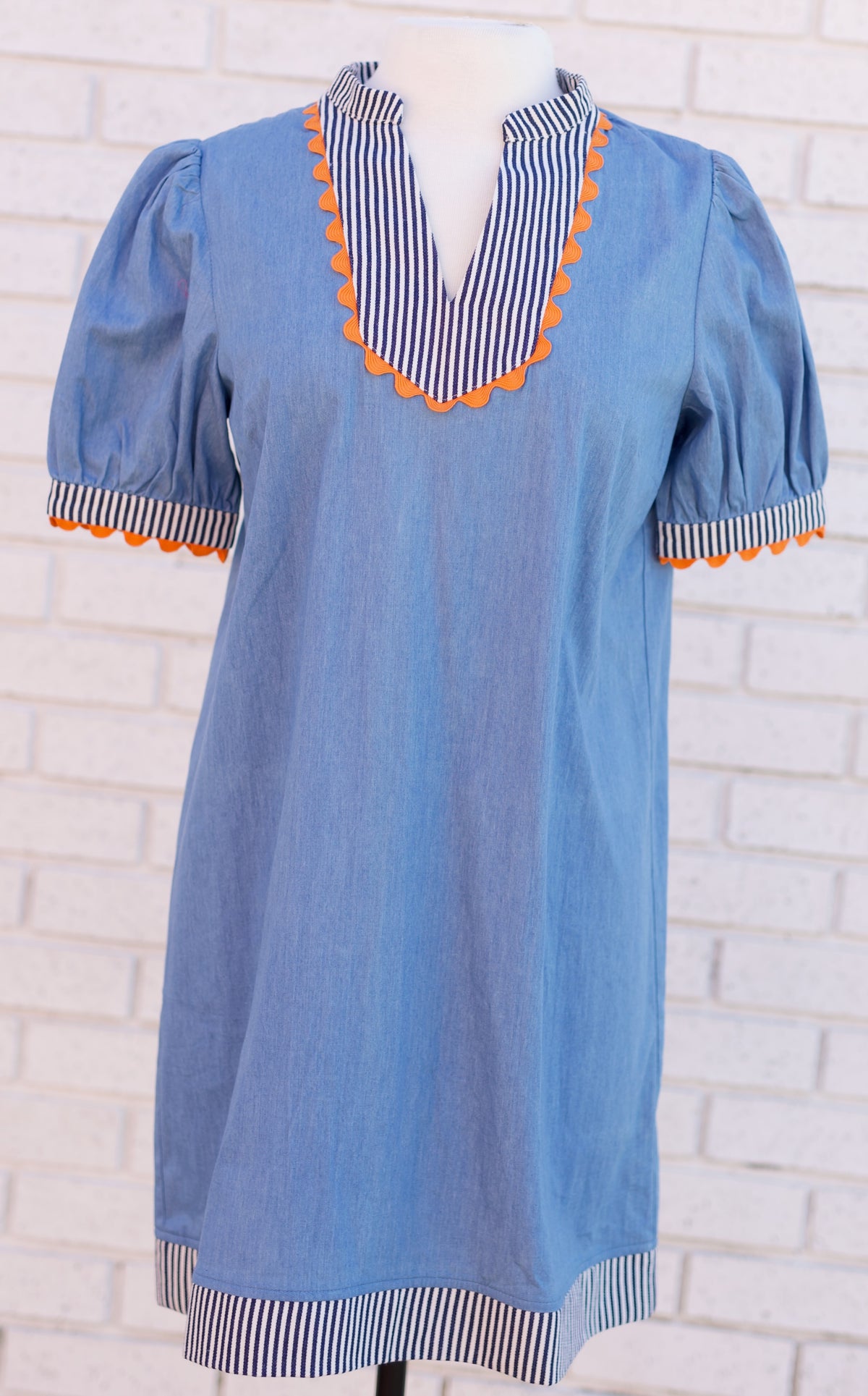 DENIM BLUE STRIPED & WAVY TRIM DETAILED CHAMBRAY SHIFT DRESS