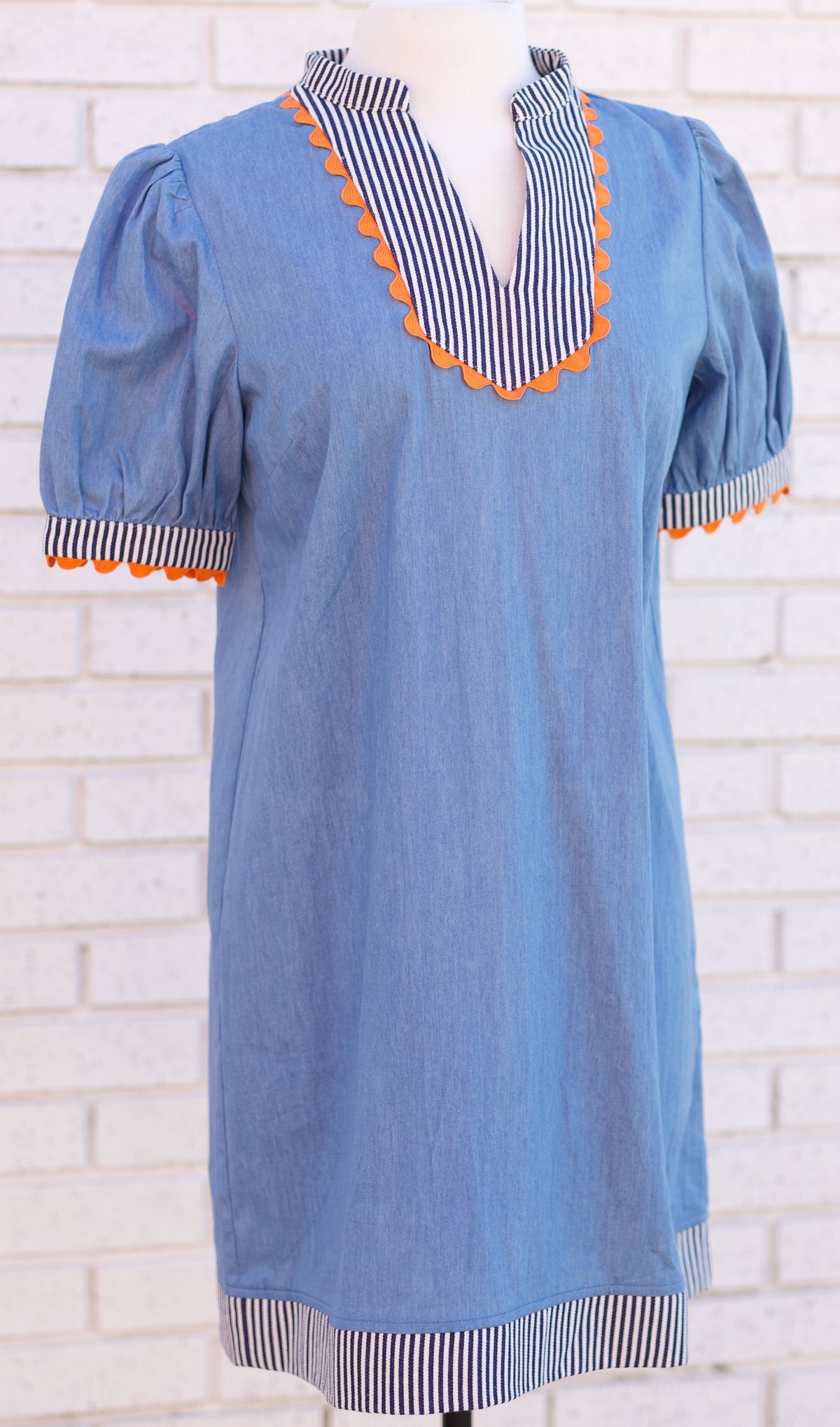 DENIM BLUE STRIPED & WAVY TRIM DETAILED CHAMBRAY SHIFT DRESS