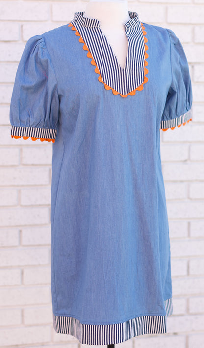 DENIM BLUE STRIPED & WAVY TRIM DETAILED CHAMBRAY SHIFT DRESS