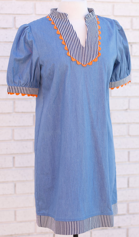 DENIM BLUE STRIPED & WAVY TRIM DETAILED CHAMBRAY SHIFT DRESS