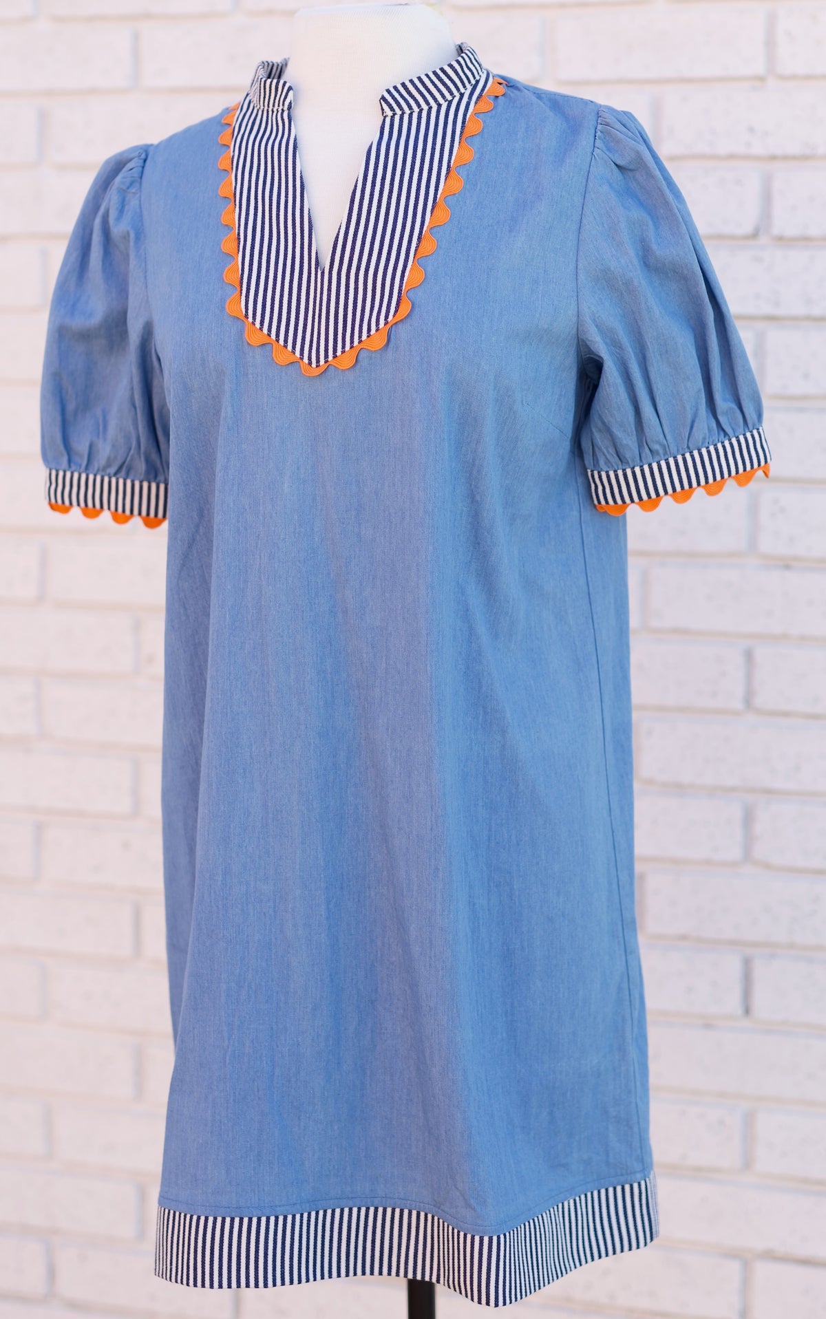 DENIM BLUE STRIPED & WAVY TRIM DETAILED CHAMBRAY SHIFT DRESS