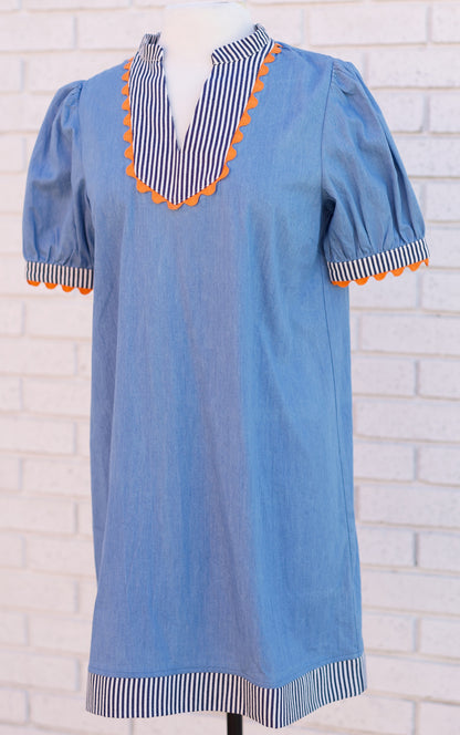 DENIM BLUE STRIPED & WAVY TRIM DETAILED CHAMBRAY SHIFT DRESS