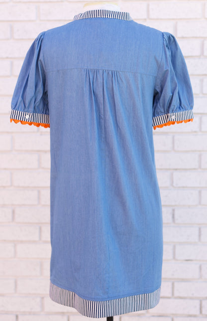 DENIM BLUE STRIPED & WAVY TRIM DETAILED CHAMBRAY SHIFT DRESS
