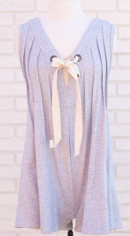 FRONT TIE W PLEATS DETAIL SLEEVELESS TERRY ROMPER