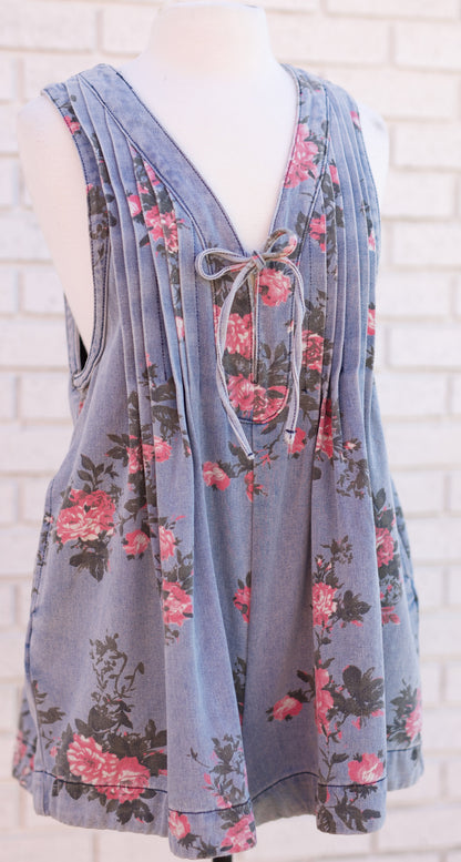 PAINTED FLORAL PRINTED PLEATED VNECK SLEEVELESS ROMPER
