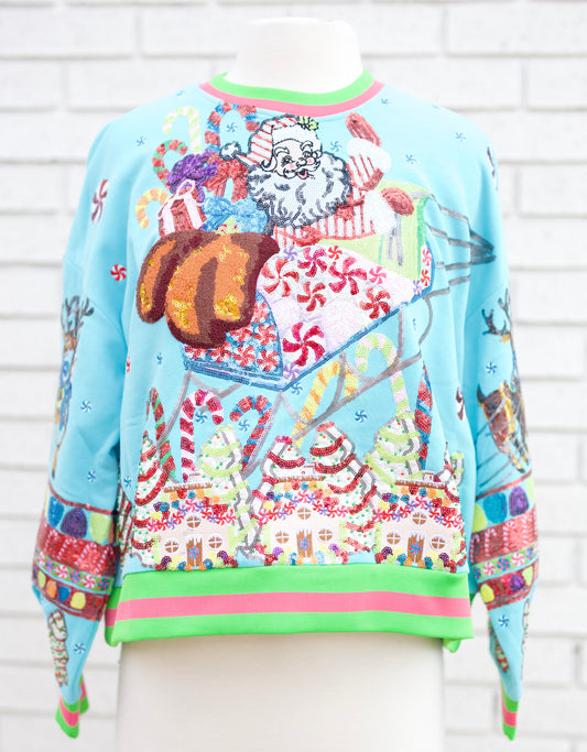 AQUA VINTAGE SANTA GINGERBREAD HOUSE SWEATSHIRT