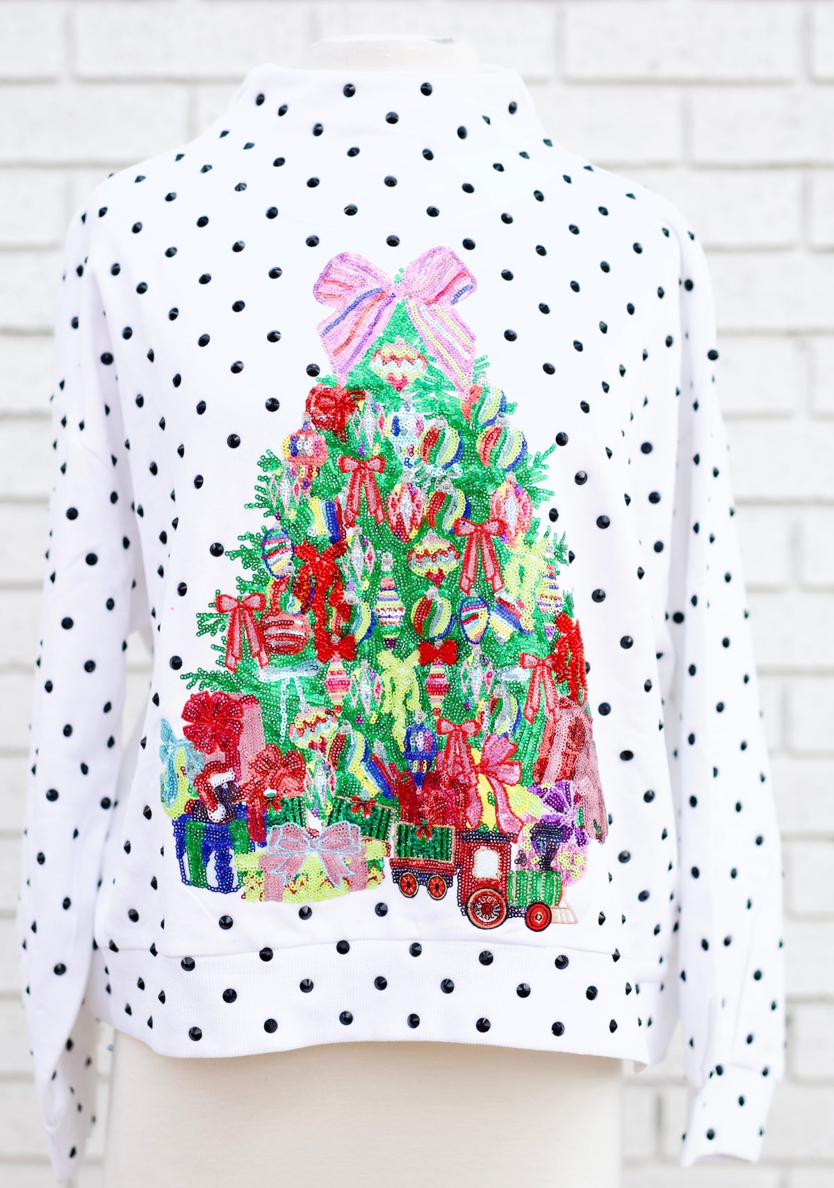 WHITE & BLACK POLKA DOT MULTI CHRISTMAS TREE MOCKNECK SWEATSHIRT