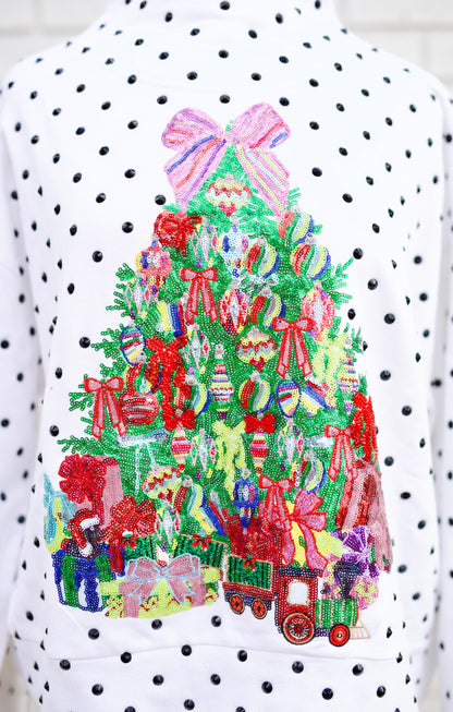 WHITE & BLACK POLKA DOT MULTI CHRISTMAS TREE MOCKNECK SWEATSHIRT