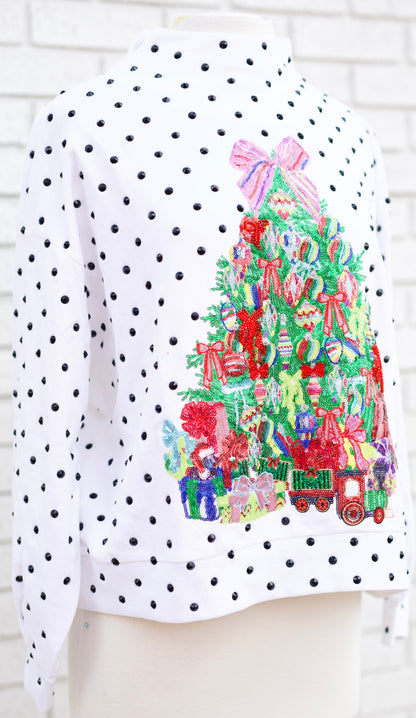 WHITE & BLACK POLKA DOT MULTI CHRISTMAS TREE MOCKNECK SWEATSHIRT