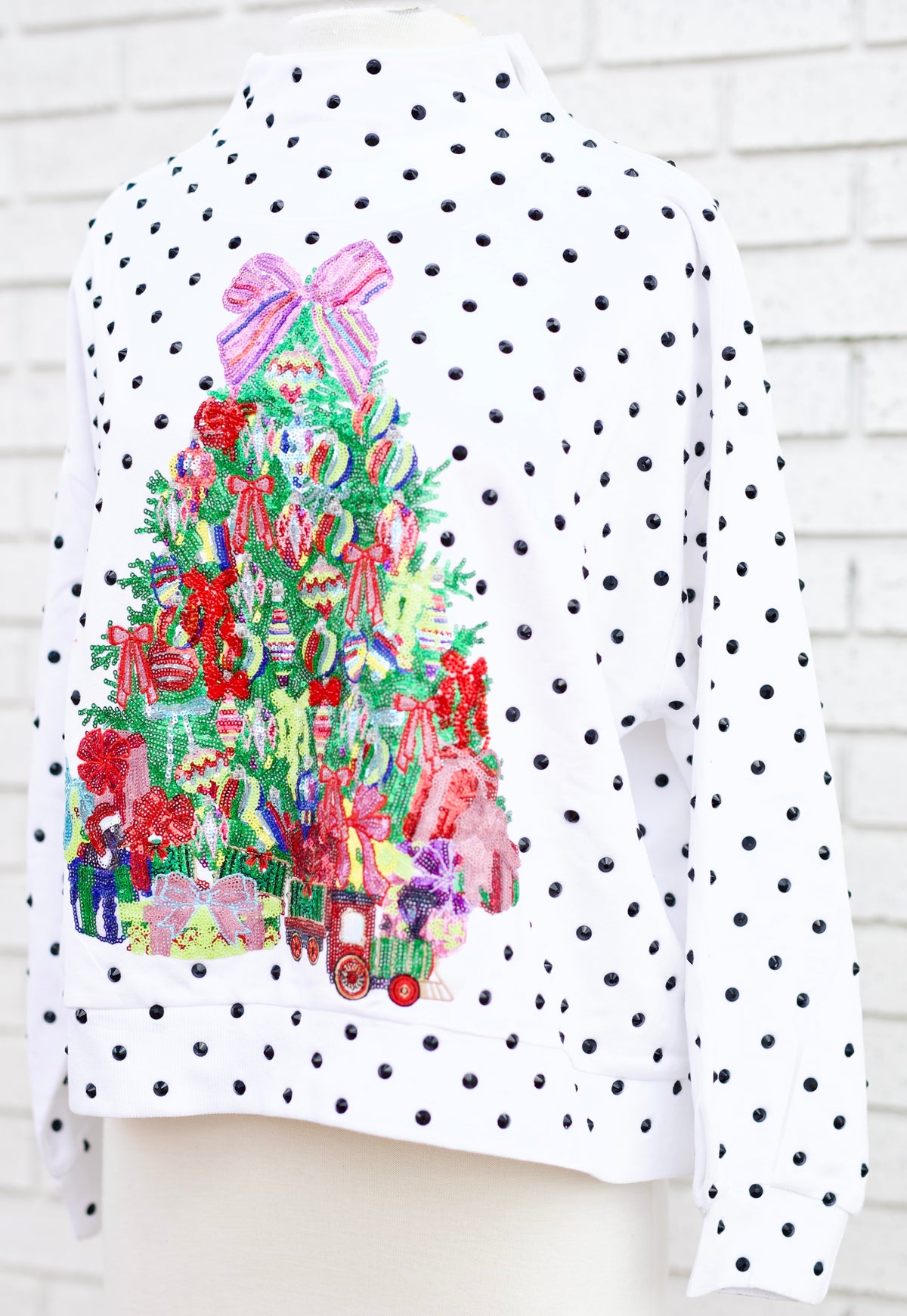 WHITE & BLACK POLKA DOT MULTI CHRISTMAS TREE MOCKNECK SWEATSHIRT