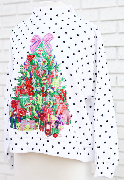 WHITE & BLACK POLKA DOT MULTI CHRISTMAS TREE MOCKNECK SWEATSHIRT
