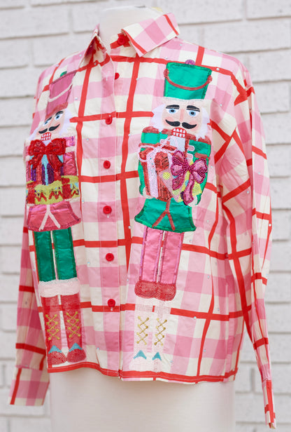 PINK & RED PLAID METALLIC NUTCRACKER COTTON BUTTON UP TOP