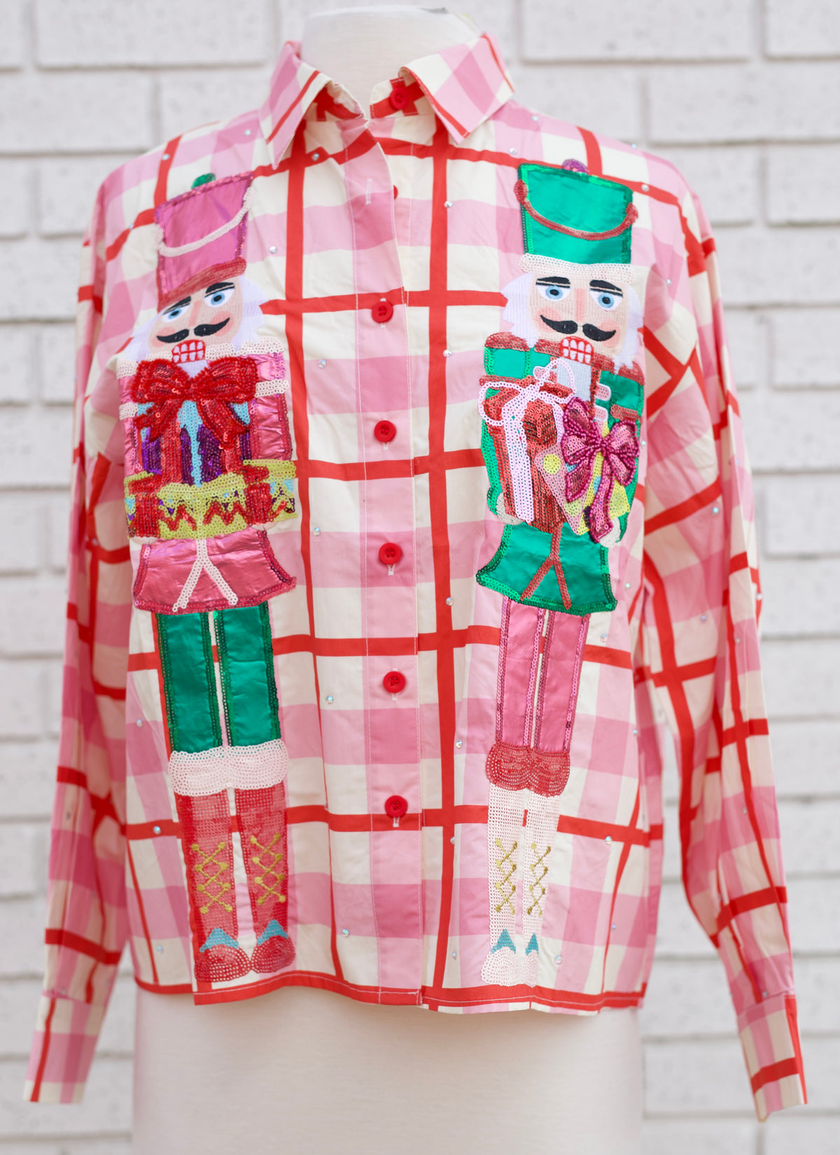 PINK & RED PLAID METALLIC NUTCRACKER COTTON BUTTON UP TOP