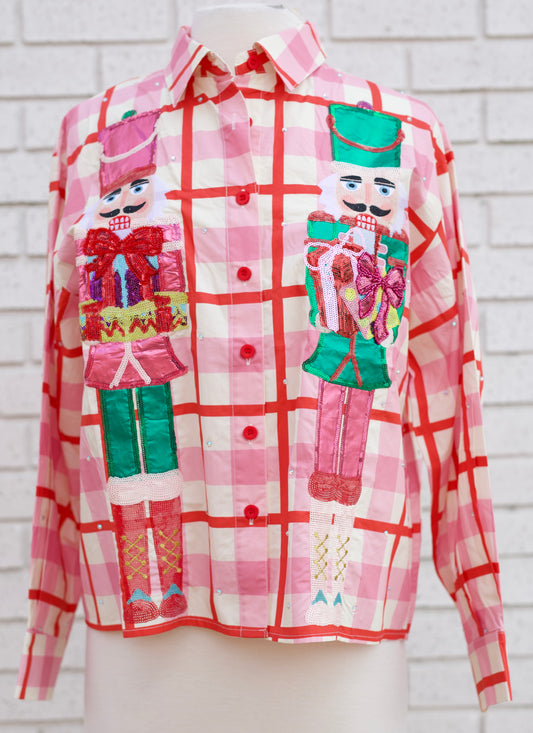 PINK & RED PLAID METALLIC NUTCRACKER COTTON BUTTON UP TOP