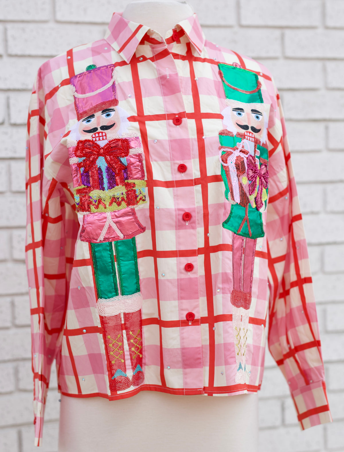 PINK & RED PLAID METALLIC NUTCRACKER COTTON BUTTON UP TOP