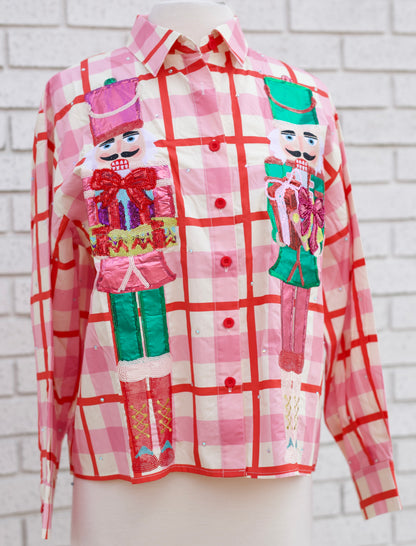 PINK & RED PLAID METALLIC NUTCRACKER COTTON BUTTON UP TOP