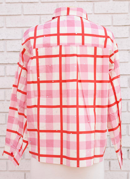 PINK & RED PLAID METALLIC NUTCRACKER COTTON BUTTON UP TOP