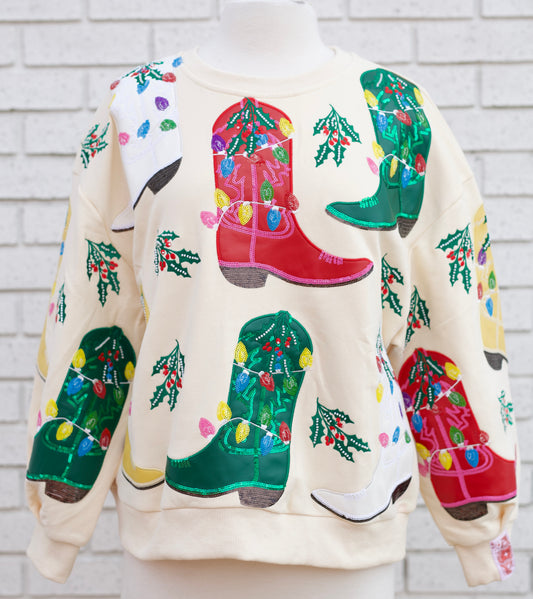 BEIGE MULTI CHRISTMAS COWBOY BOOTS SWEATSHIRT