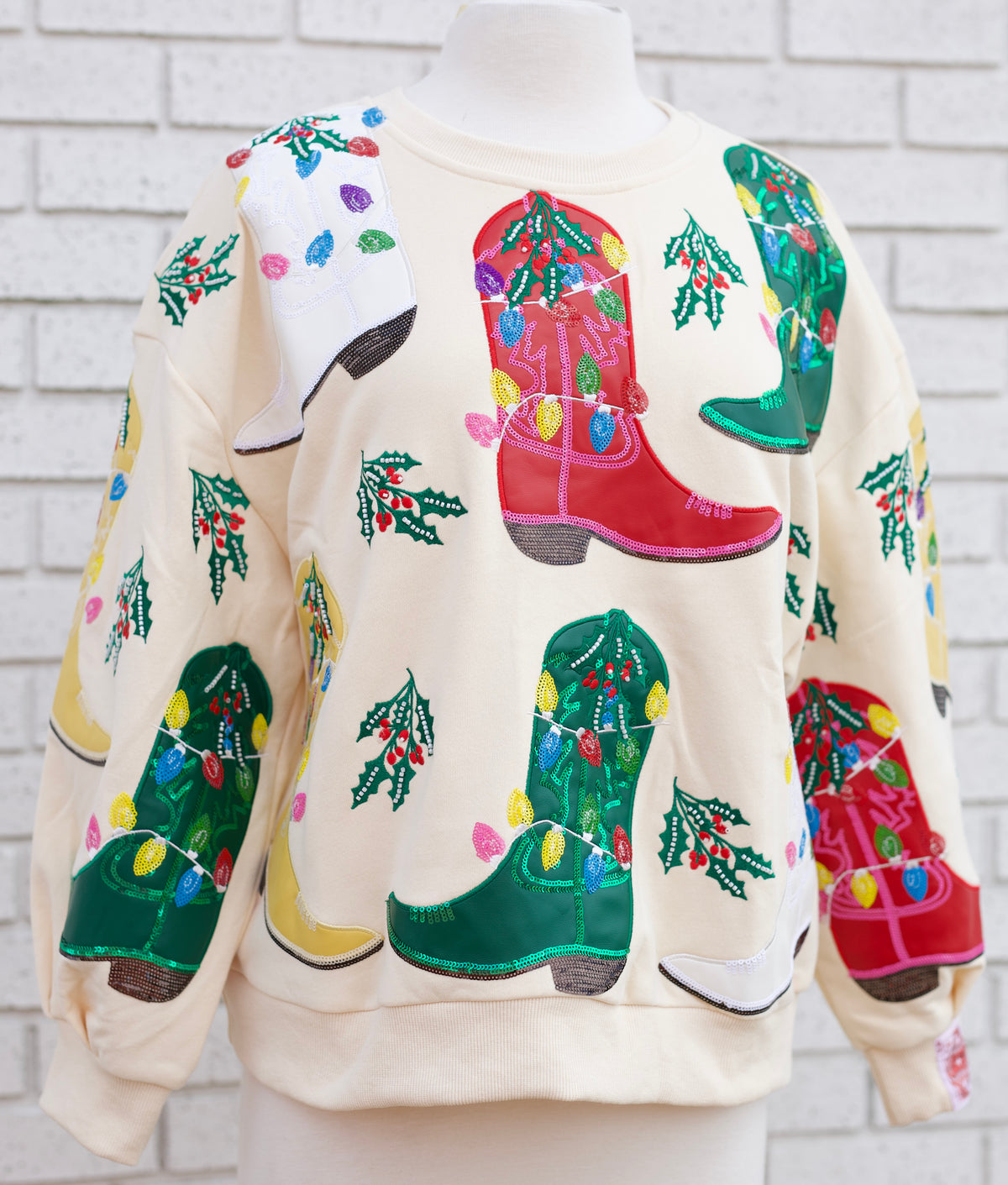 BEIGE MULTI CHRISTMAS COWBOY BOOTS SWEATSHIRT