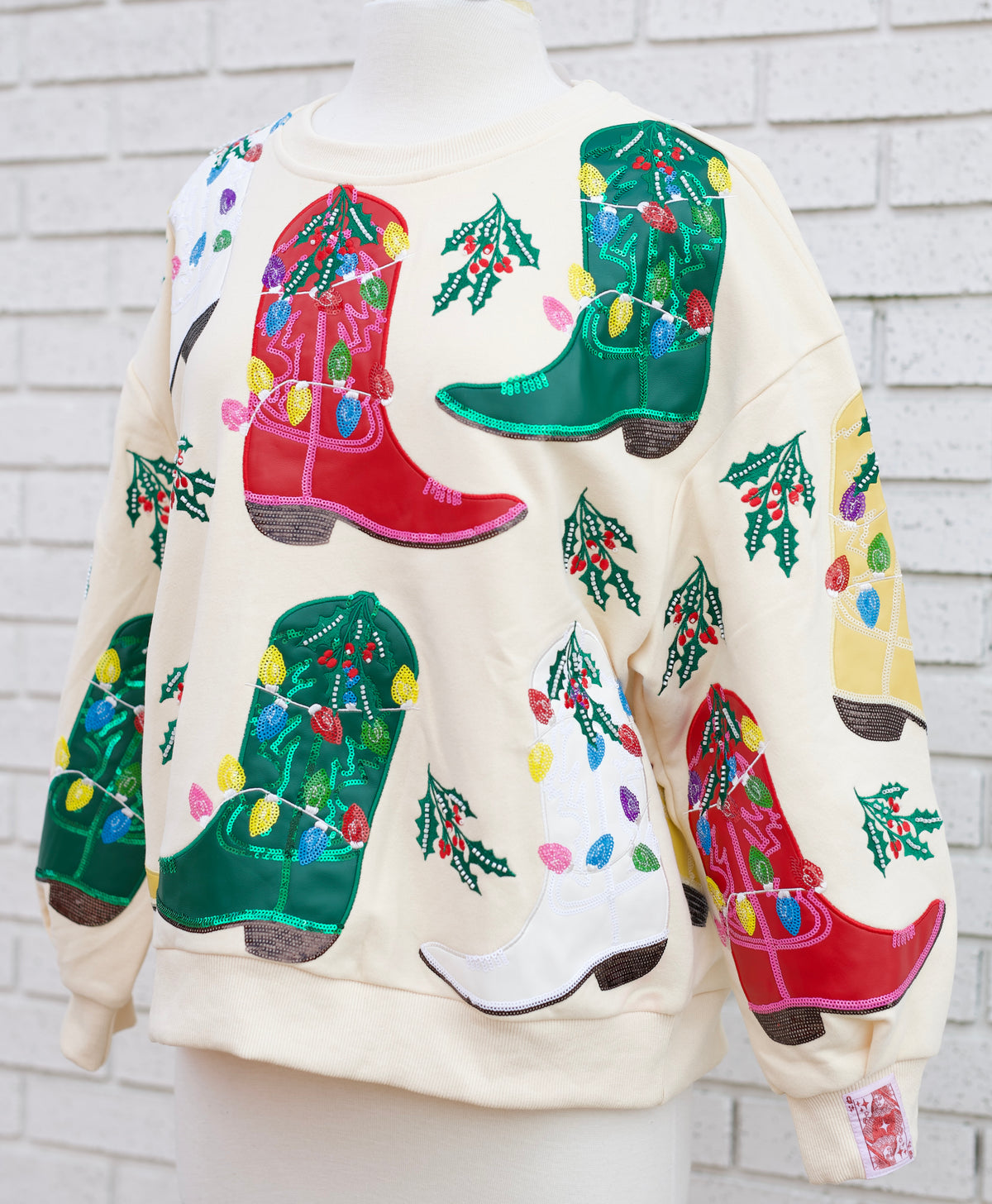 BEIGE MULTI CHRISTMAS COWBOY BOOTS SWEATSHIRT