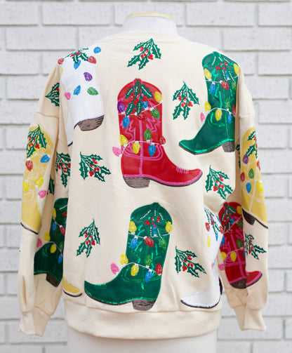 BEIGE MULTI CHRISTMAS COWBOY BOOTS SWEATSHIRT