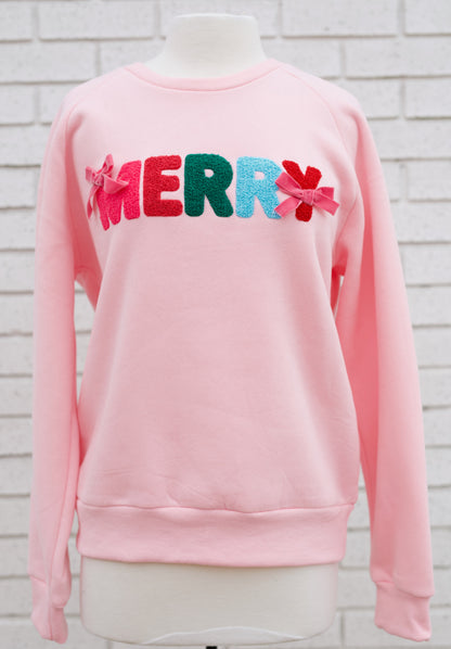 CLARA MERRY BOWS CHENILLE LETTER SWEATSHIRT