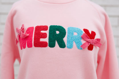 CLARA MERRY BOWS CHENILLE LETTER SWEATSHIRT