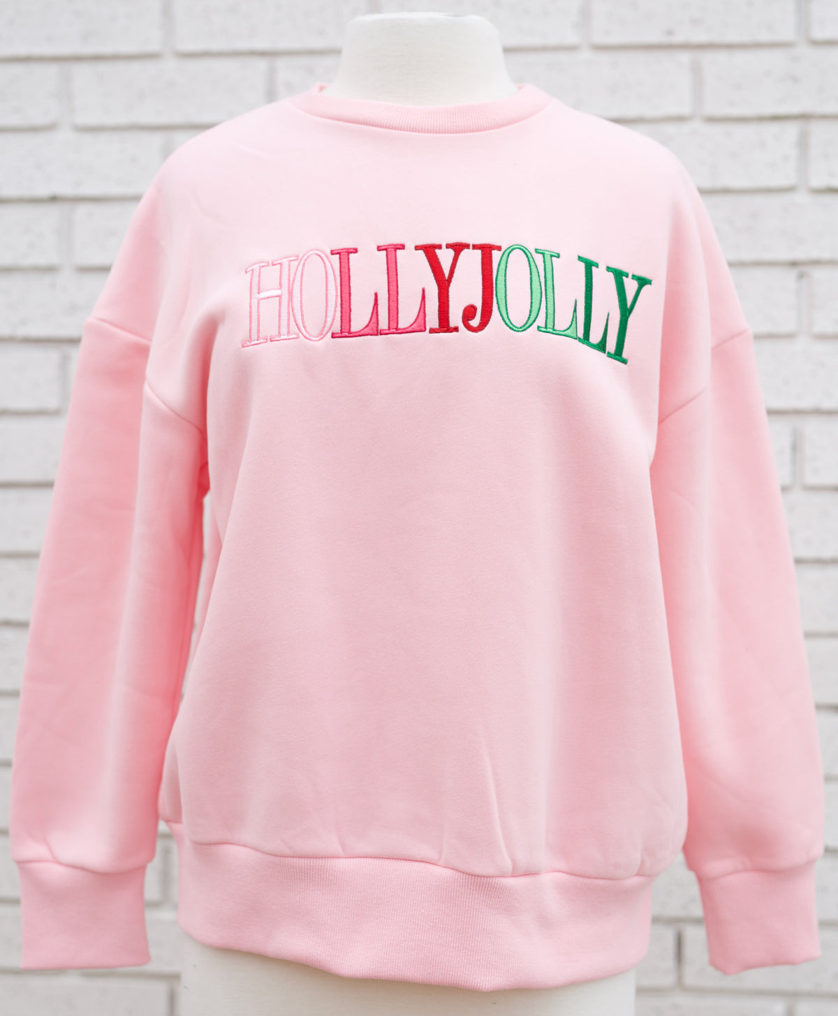 HOLLY JOLLY EMBROIDERED LETTER SWEATSHIRT - PINK