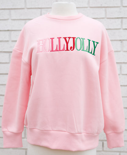 HOLLY JOLLY EMBROIDERED LETTER SWEATSHIRT - PINK