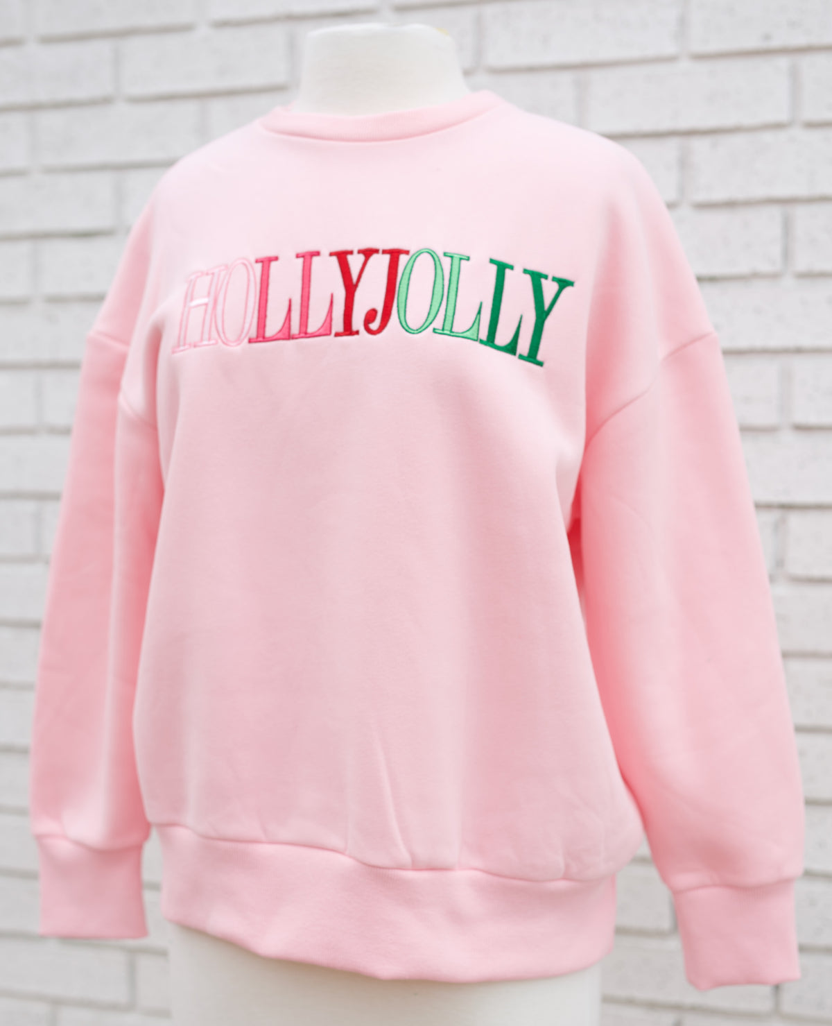HOLLY JOLLY EMBROIDERED LETTER SWEATSHIRT - PINK