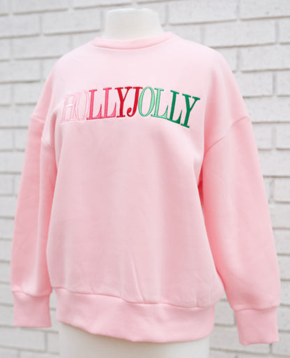 HOLLY JOLLY EMBROIDERED LETTER SWEATSHIRT - PINK